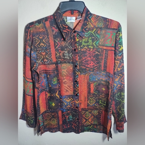 Chicos Top Sheer Silk Geometric Patterned Boho Artsy Colorful - Picture 1 of 16